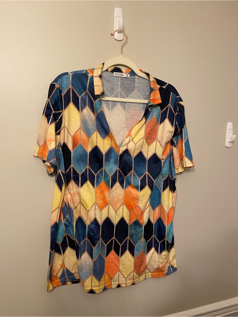 Geometric Print Short Sleeve Blouse - Blue/Orange/Yellow